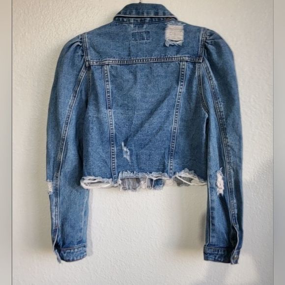 Denim Blvd Los Angeles Puff Sleeve Ripped Raw Hem Crop Jean Jacket Dark Blue S - Picture 4 of 12